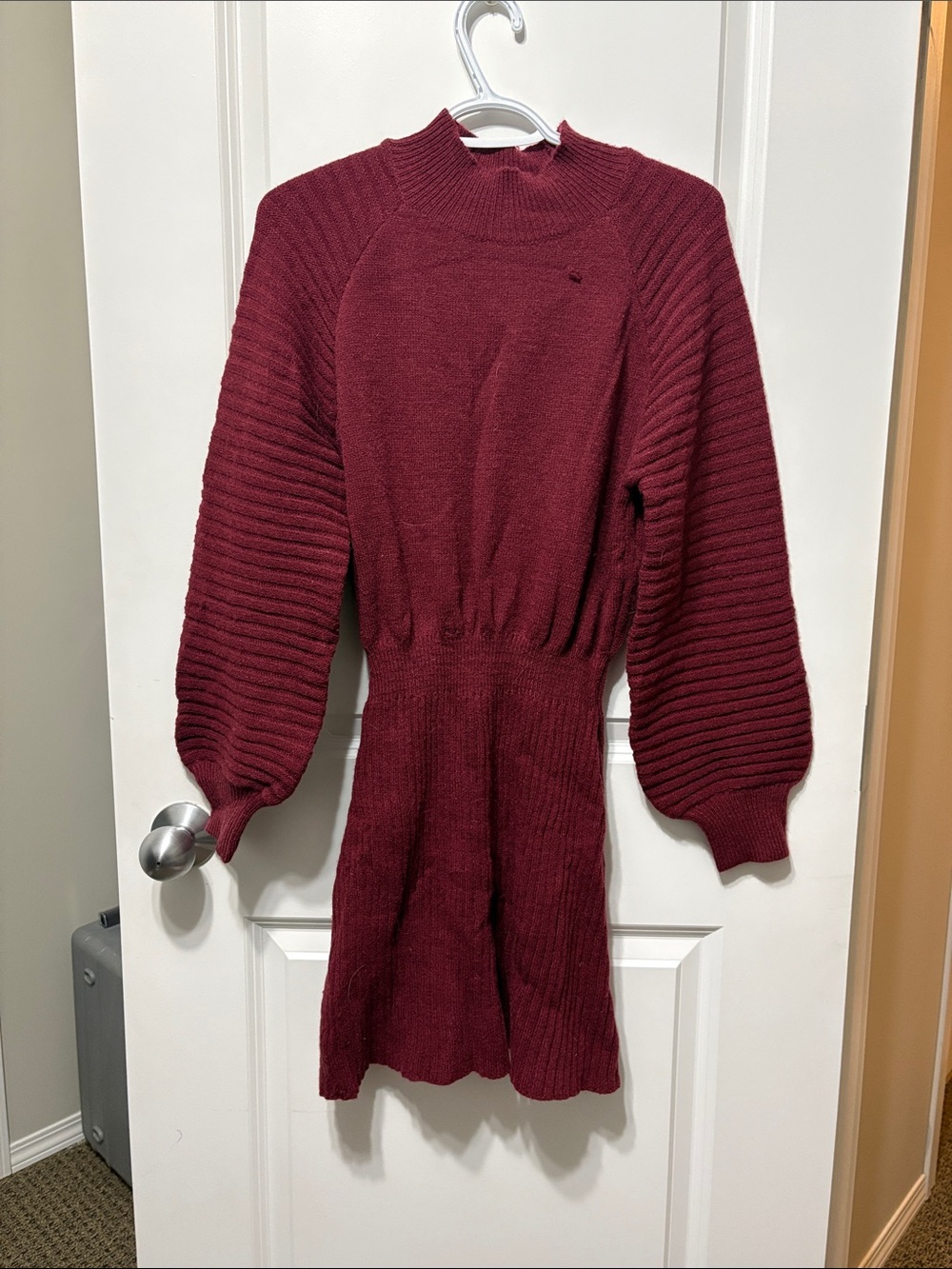 SHEIN Burgundy Ribbed Knit Long-Sleeve Sweater Dress
